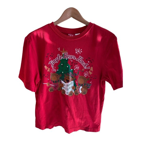 Jingle Bear Rock Red Graphic Christmas T-Shirt M 100% Cotton Festive Bear Design - Picture 2 of 9
